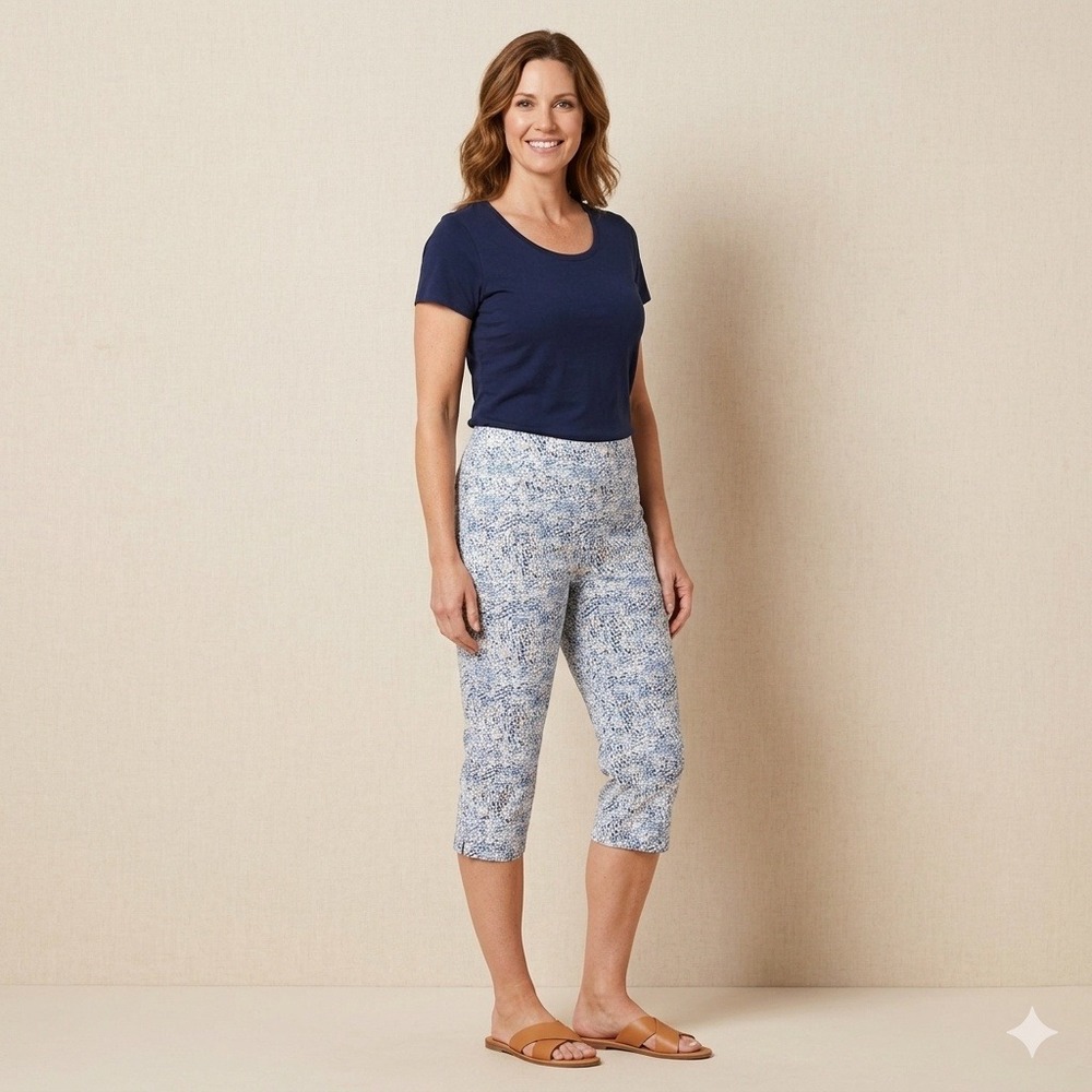 Zac & Rachel Capri Pants Women 12 Blue White Printed Pull On Stretch Cropped
